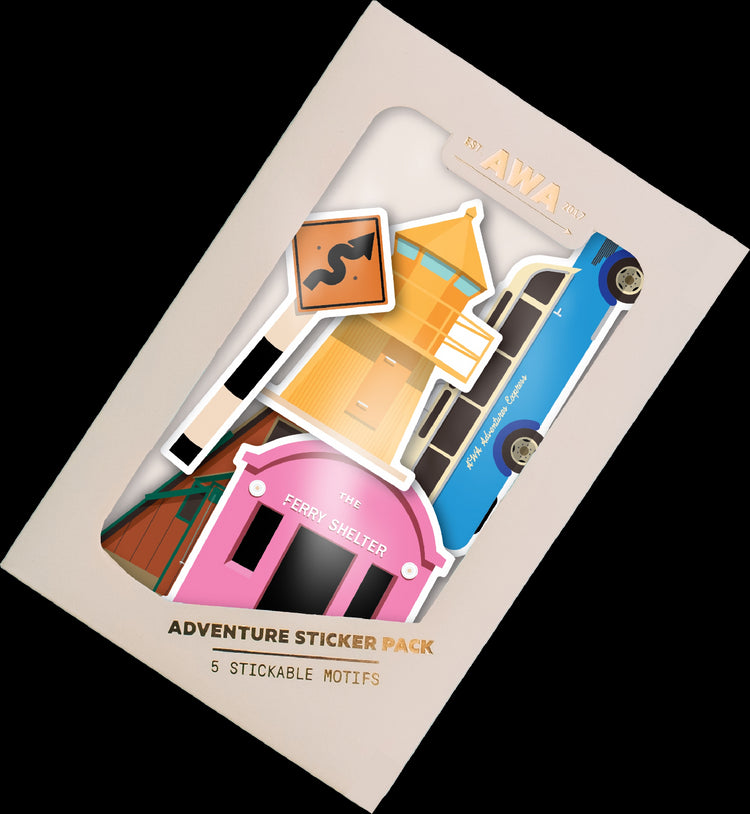 A pack of five illustrated AWA-themed stickers featuring various locations, with a stylized bus and house design on the cover.