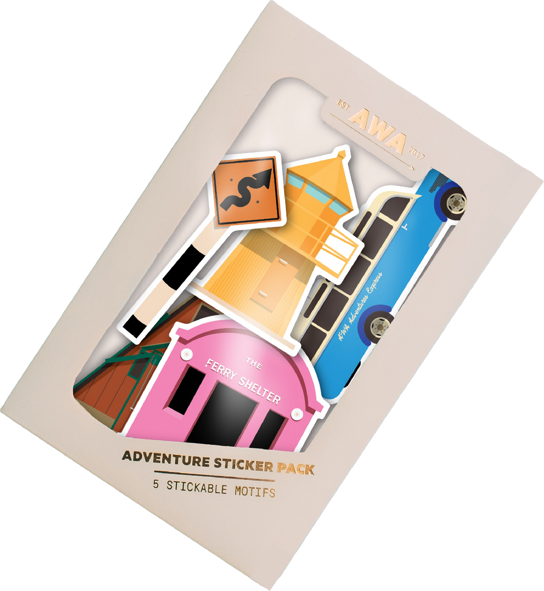A pack of five illustrated AWA-themed stickers featuring various locations, with a stylized bus and house design on the cover.